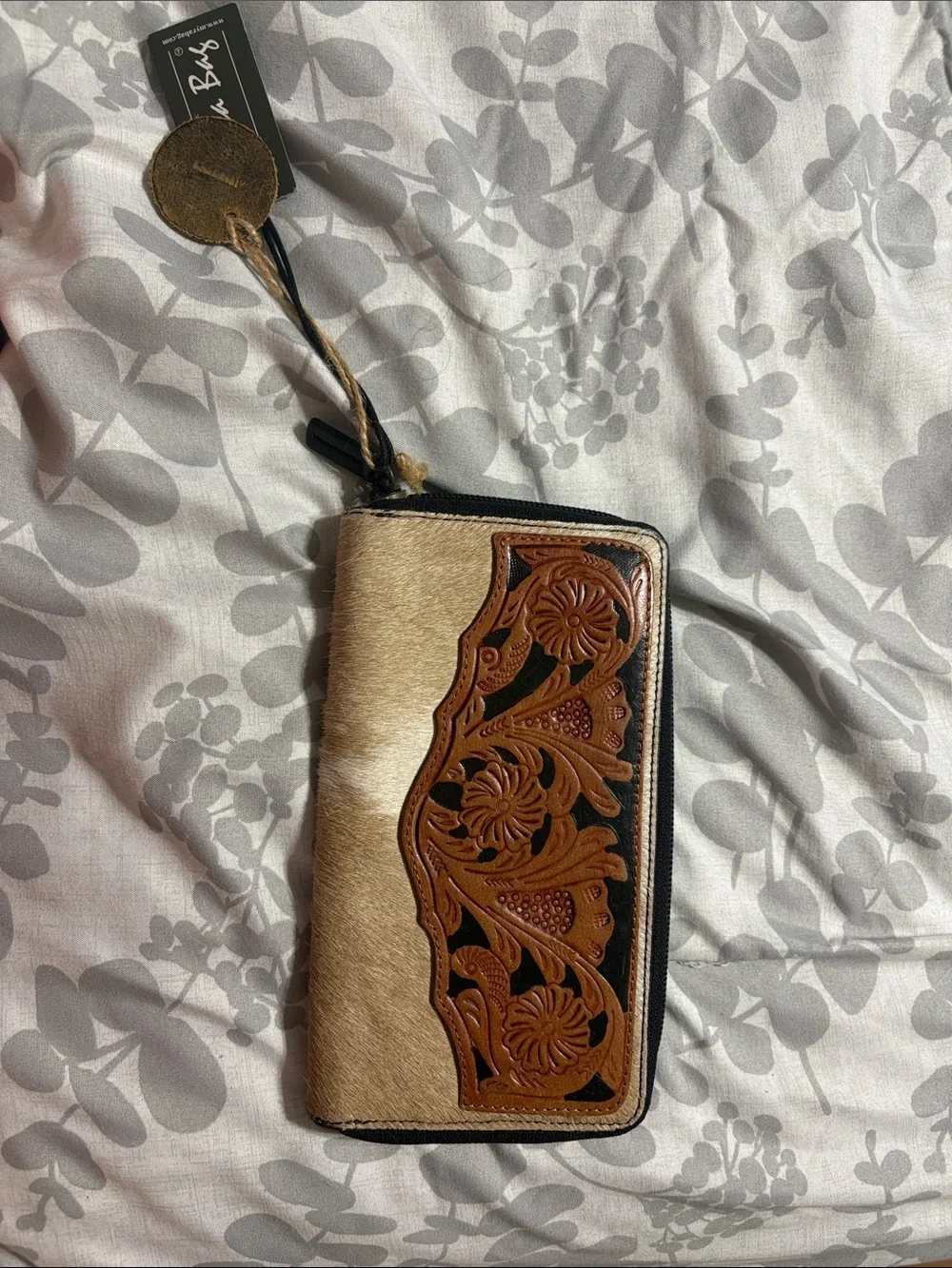 Myra Bag Tan and Brown Floral Tooled Zip Wallet